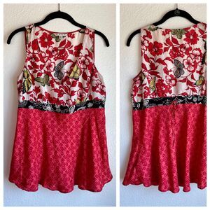CAbi 100% Silk Sleeveless Tunic in Red & Black Floral Butterfly Print Size S
